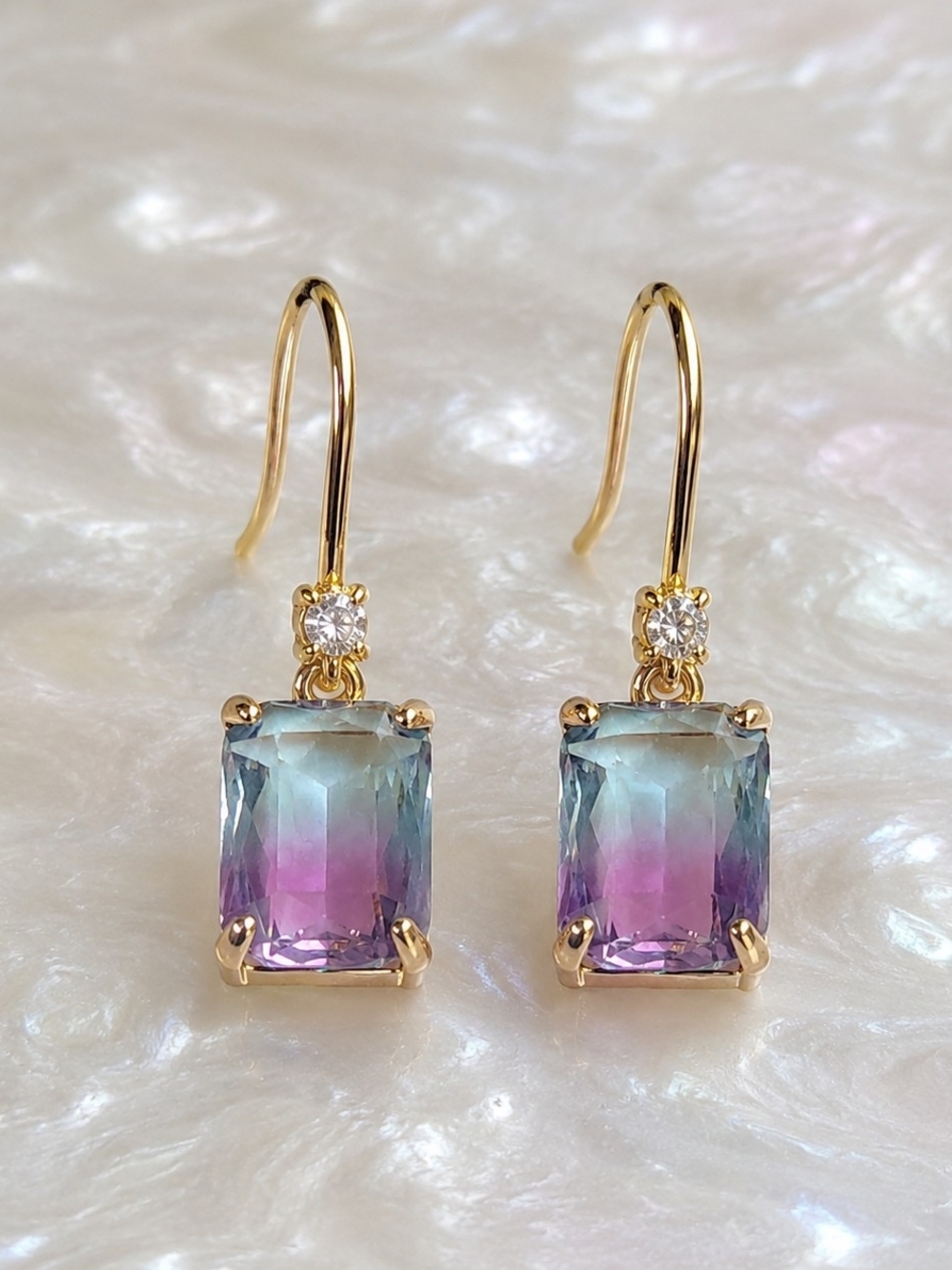 Light Blue & Pink Gradient Drop Earrings Gold Plated Facet Ombre Crystal Earring